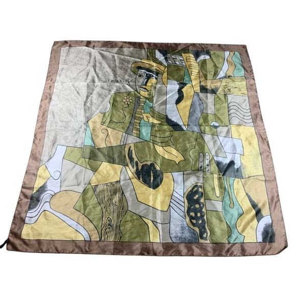 Vintage Picasso Print Art Graphic Scarf Multi Brown Polyester Silk Signature - Picture 3 of 6